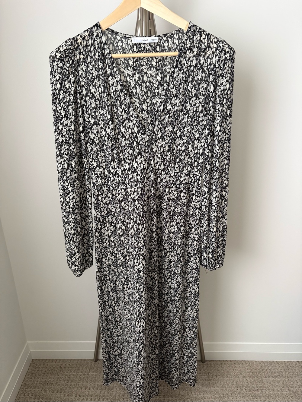 Mango Black & White Long-Sleeve Floral Maxi Dress